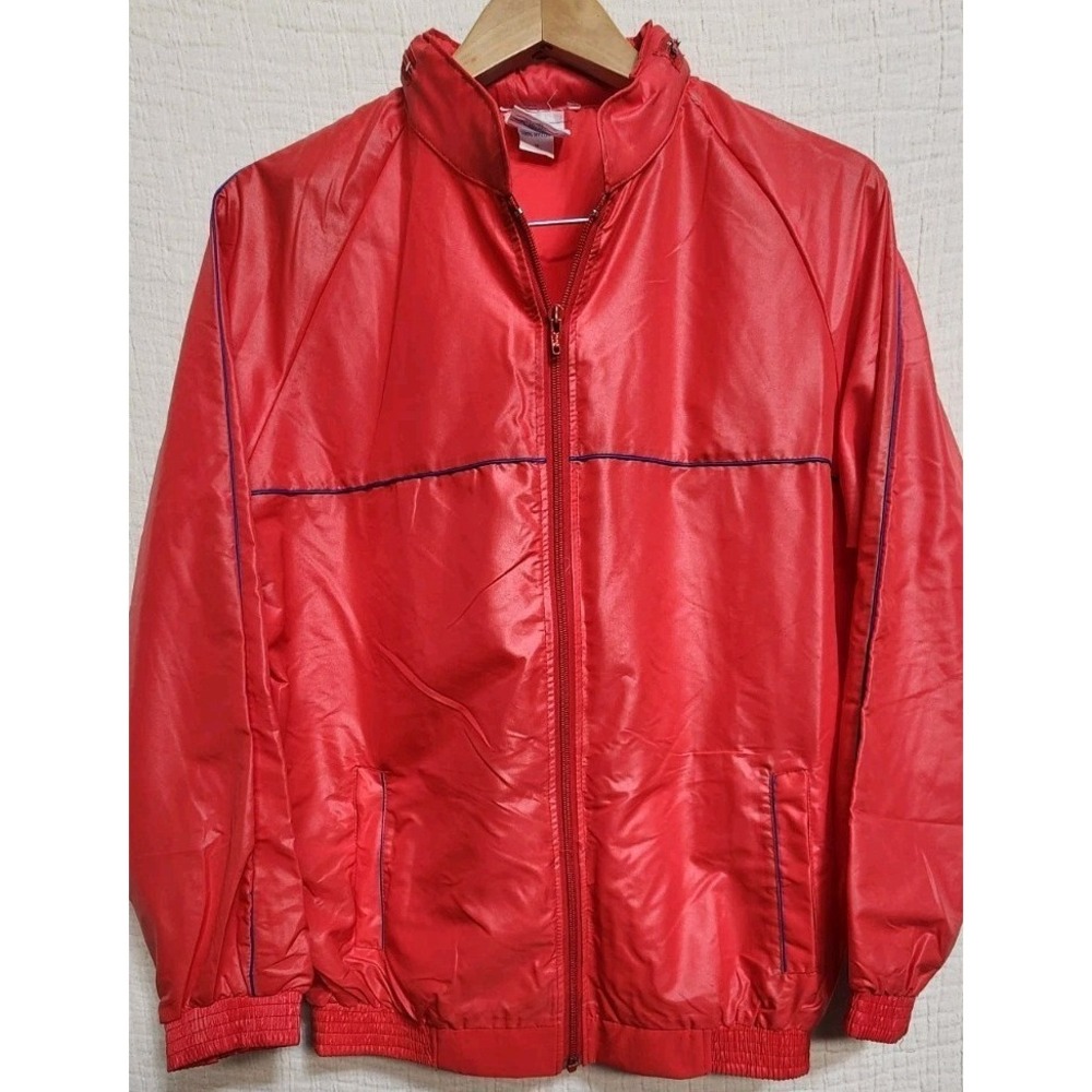 Vintage 80s Adidas Windbreaker Red‎ Packable Hood Full Zip Jacket FLAWLESS Sz M